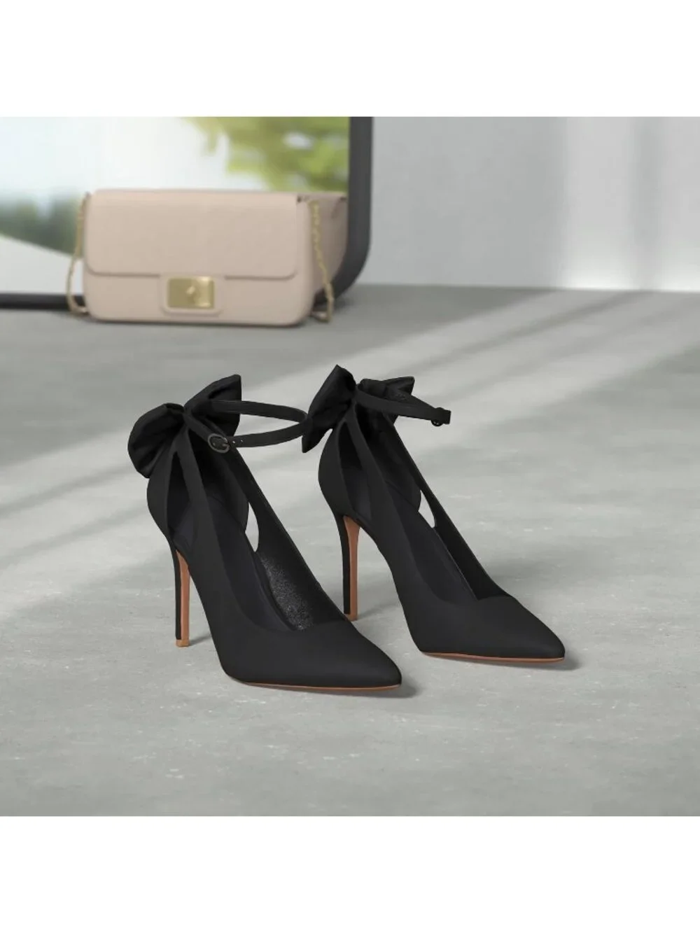 Women's Black Pointed Toe High Heels Ankle Strap Sexy Bowtie Back Dress Sandals